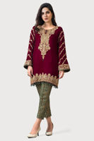 Pakistani Red Gold Embroidered Velvet Salwar Kameez (2-Piece) - Image 4