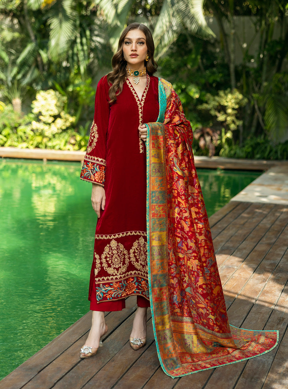Deep Red Embroidered Velvet Salwar Kameez (3-Piece) - Image 1