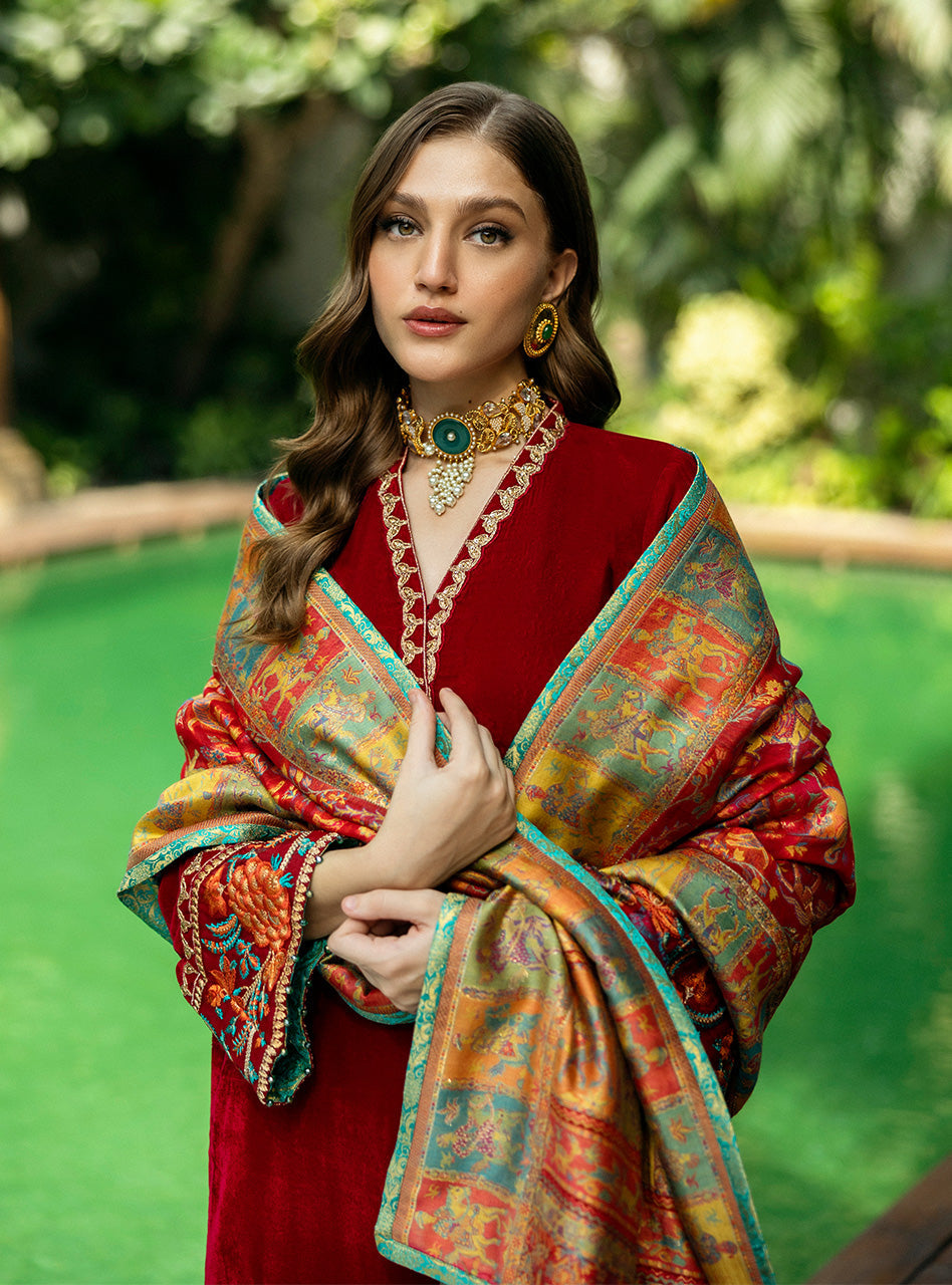 Deep Red Embroidered Velvet Salwar Kameez (3-Piece) - Image 2