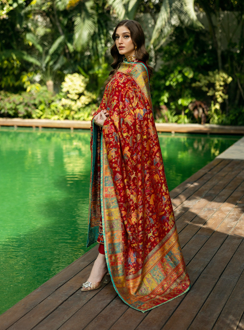 Deep Red Embroidered Velvet Salwar Kameez (3-Piece) - Image 3