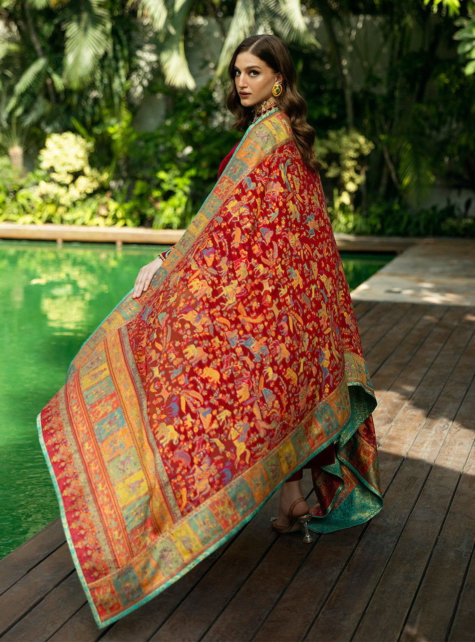 Deep Red Embroidered Velvet Salwar Kameez (3-Piece) - Image 4