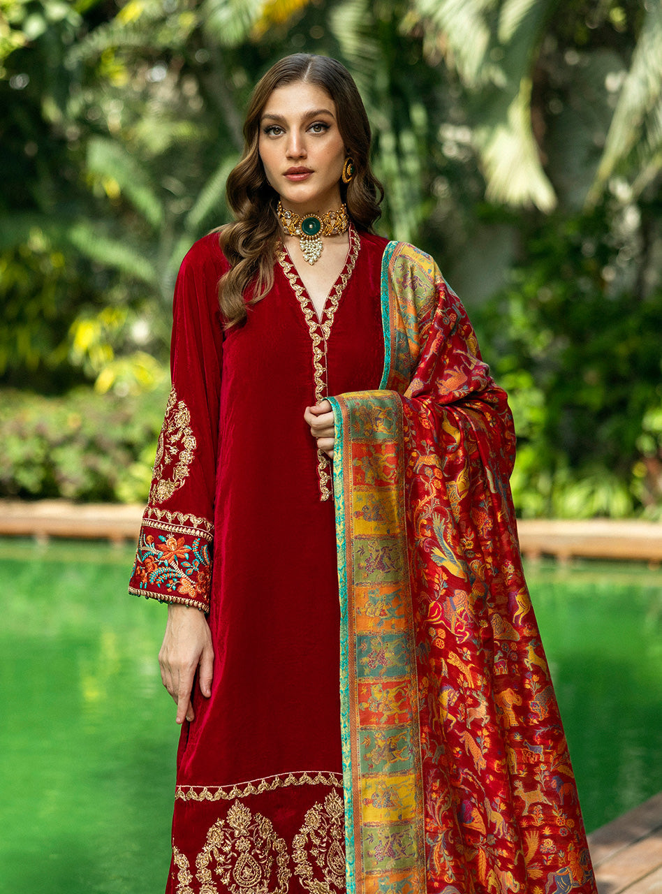 Deep Red Embroidered Velvet Salwar Kameez (3-Piece) - Image 5