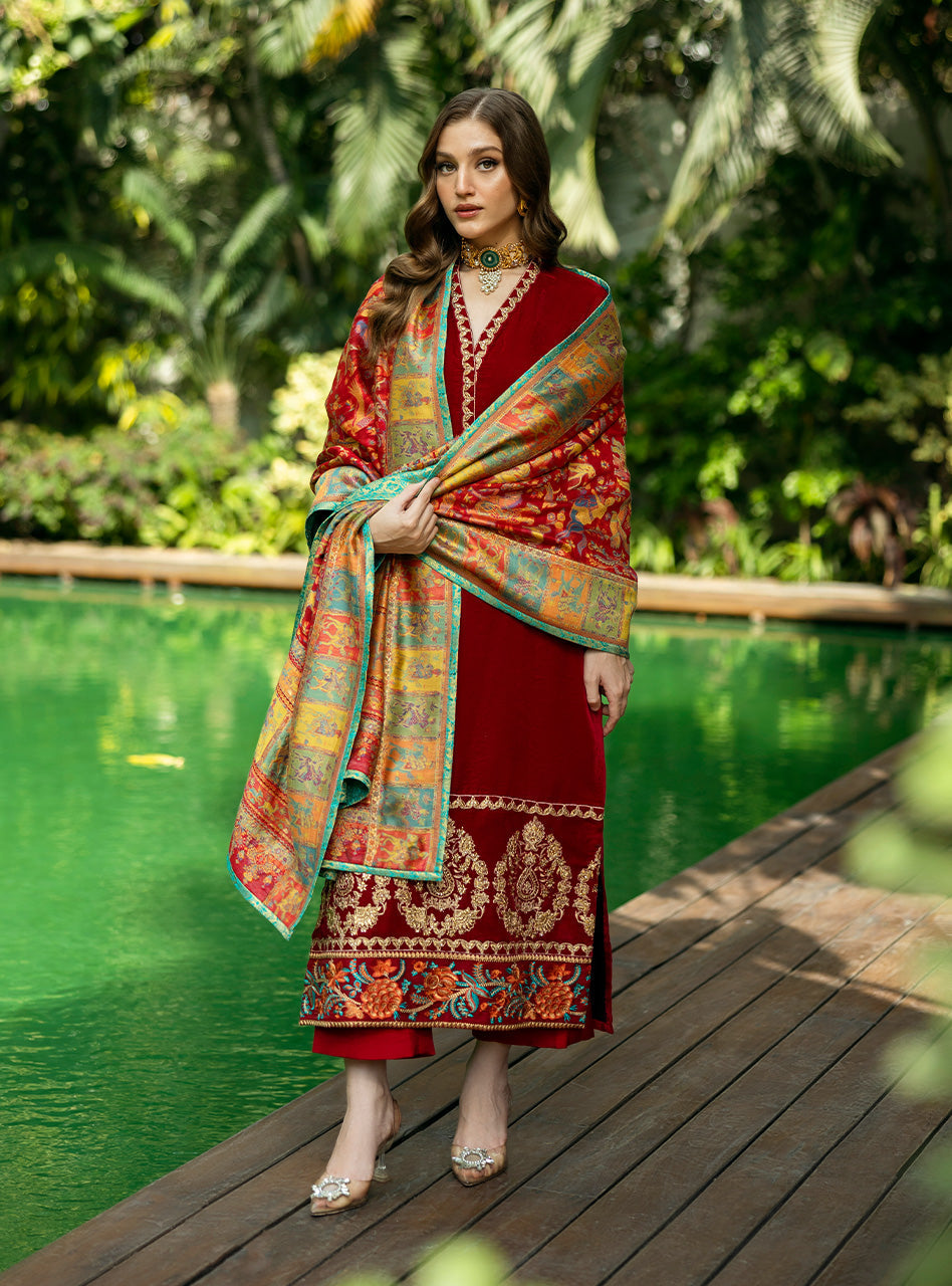 Deep Red Embroidered Velvet Salwar Kameez (3-Piece) - Image 6