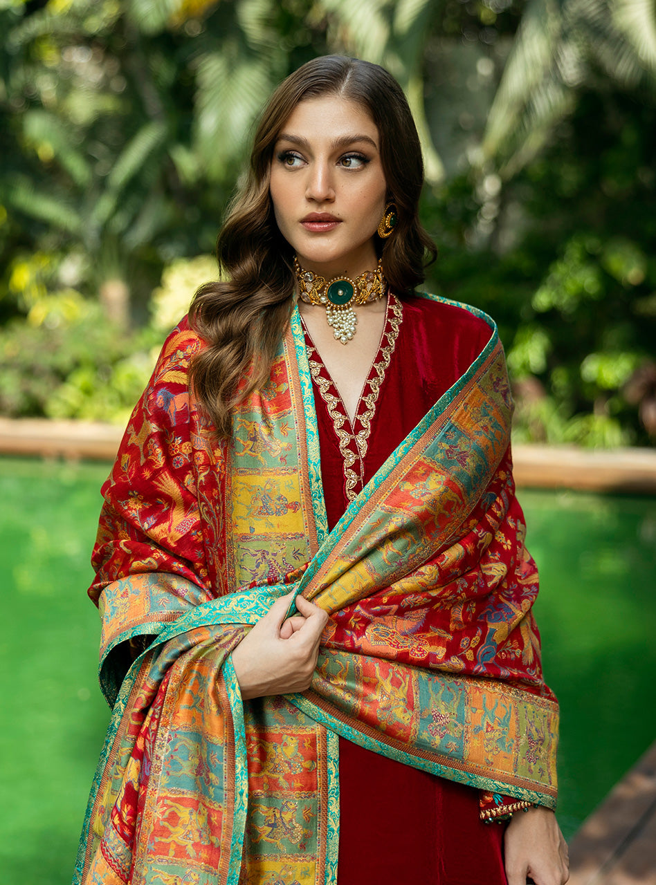Deep Red Embroidered Velvet Salwar Kameez (3-Piece) - Image 7