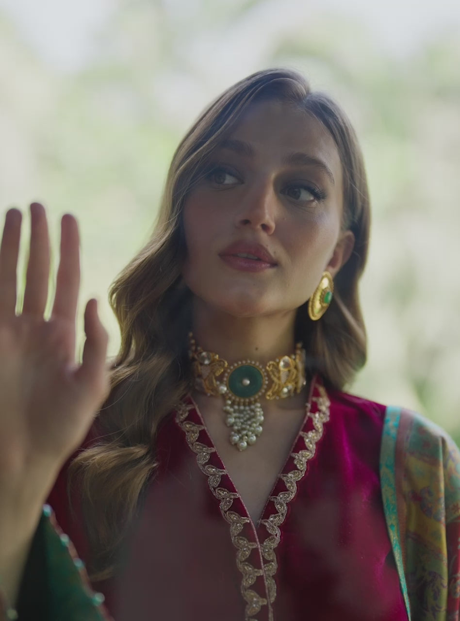 Deep Red Embroidered Velvet Salwar Kameez (3-Piece) - Image 8