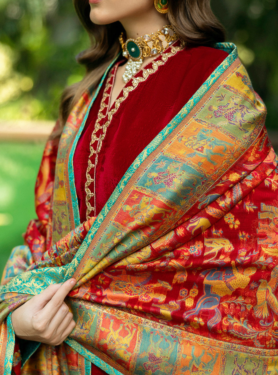 Deep Red Embroidered Velvet Salwar Kameez (3-Piece) - Image 9