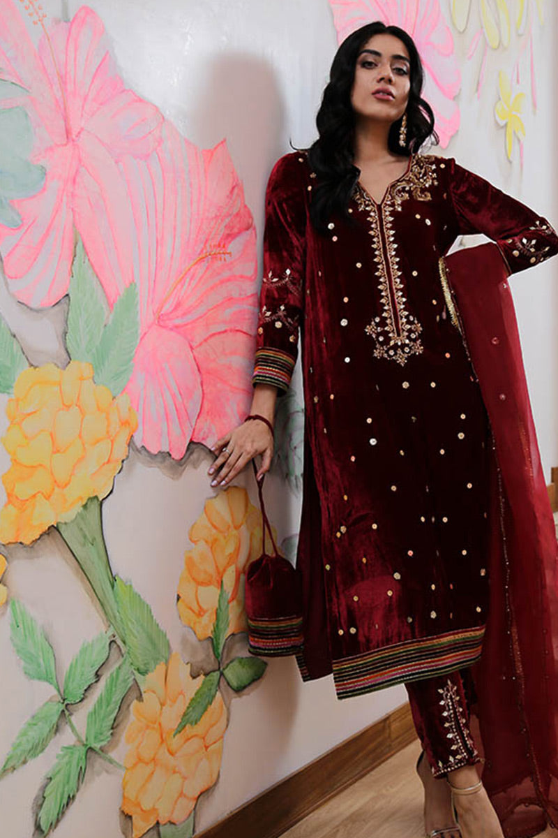 Crimson Red Gota Embroidered Velvet Salwar Kameez (3-Piece) - Image 1