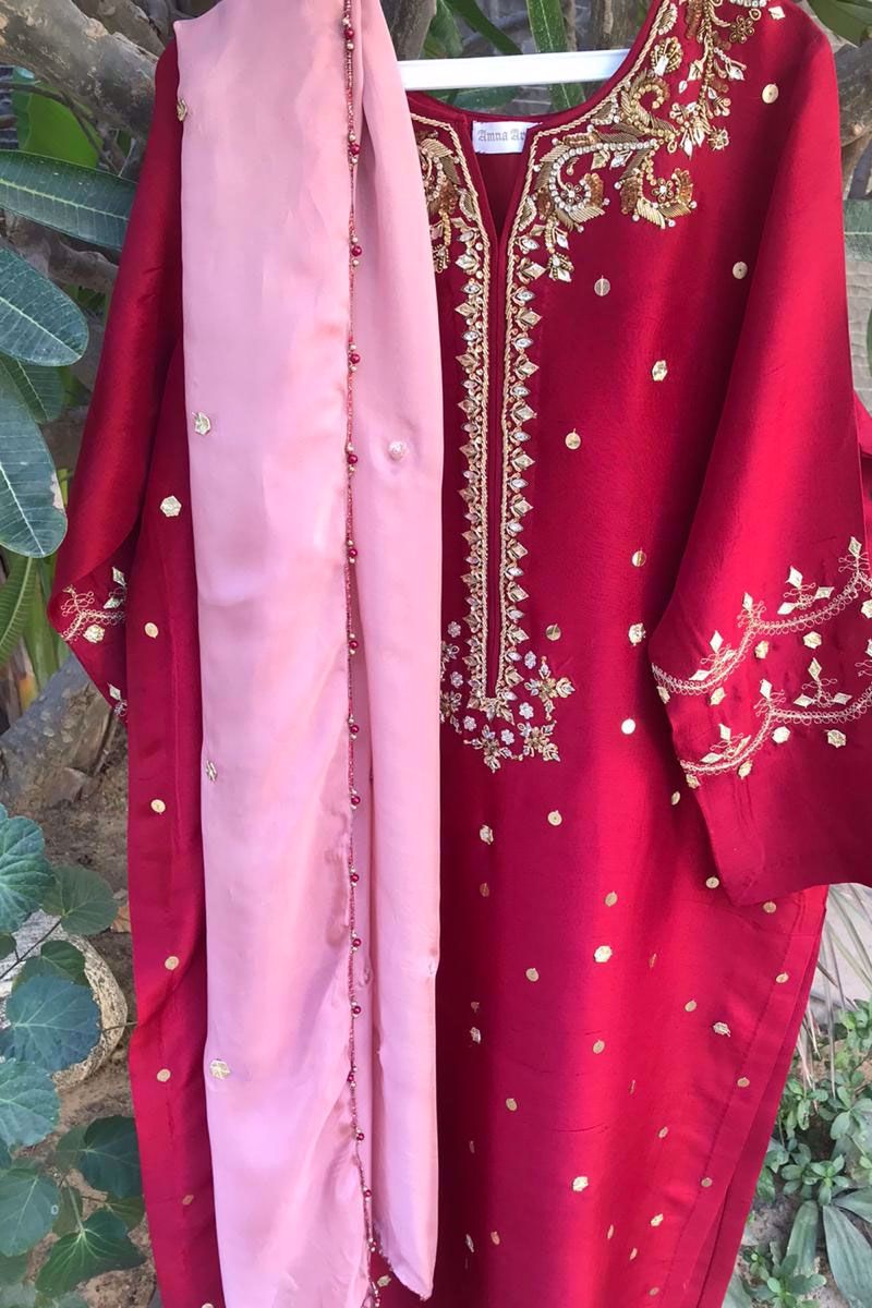 Crimson Red Gota Embroidered Velvet Salwar Kameez (3-Piece) - Image 5