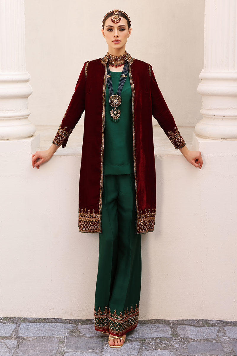 Samba Red Hand-Embroidered Velvet Jacket (3-Piece) - Image 1