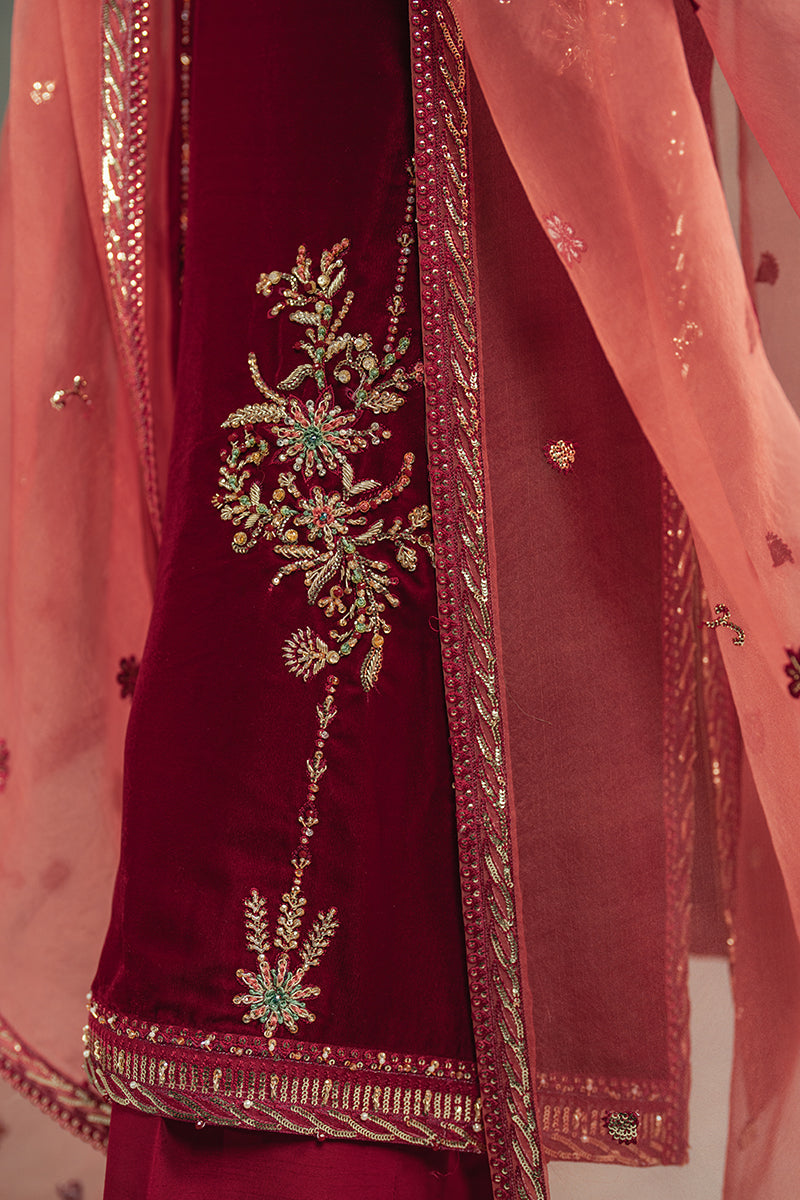 Pakistani Deep Red Embroidered Velvet Salwar Kameez (3-Piece) - Image 10