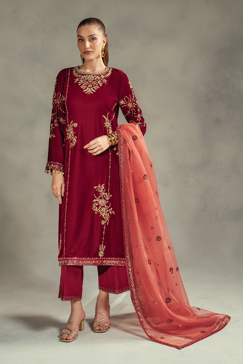 Pakistani Deep Red Embroidered Velvet Salwar Kameez (3-Piece) - Image 12