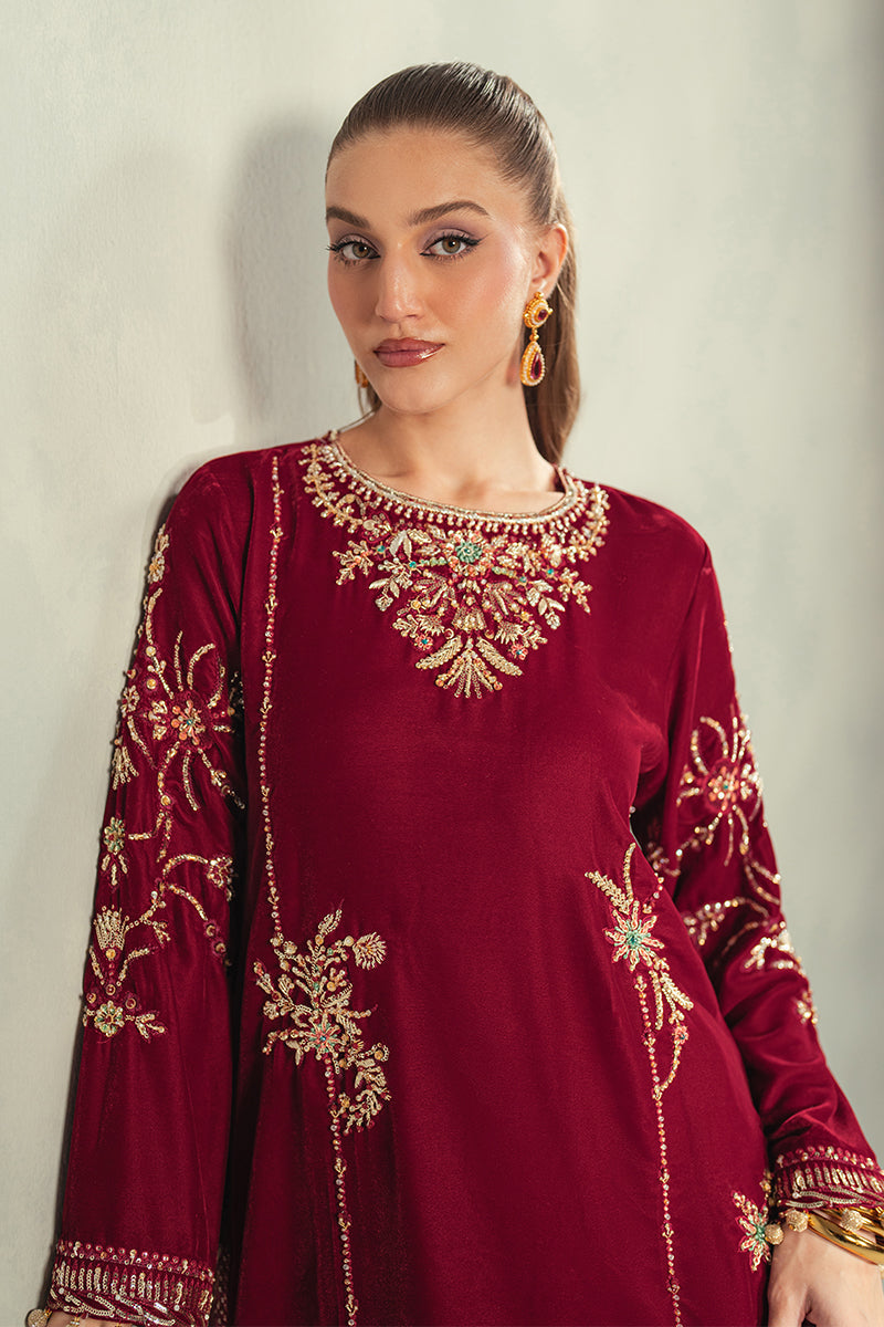 Pakistani Deep Red Embroidered Velvet Salwar Kameez (3-Piece) - Image 2
