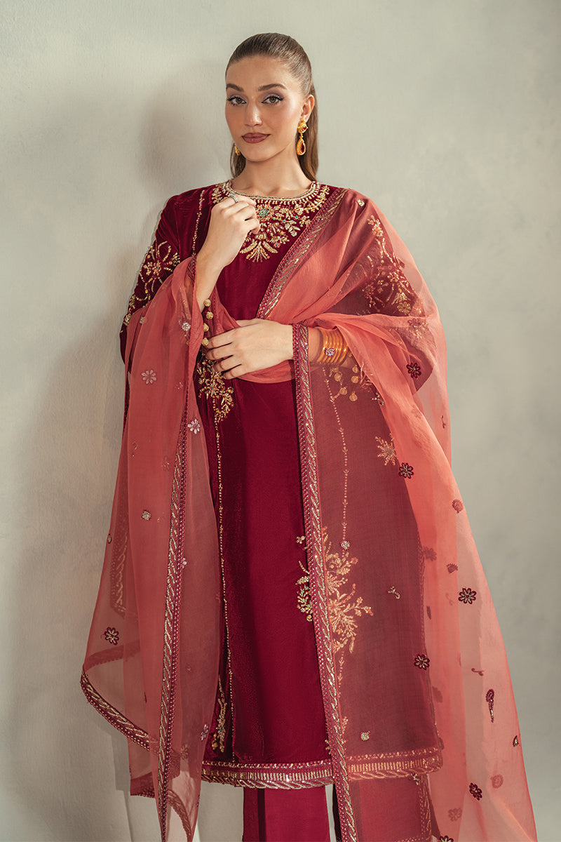 Pakistani Deep Red Embroidered Velvet Salwar Kameez (3-Piece) - Image 3