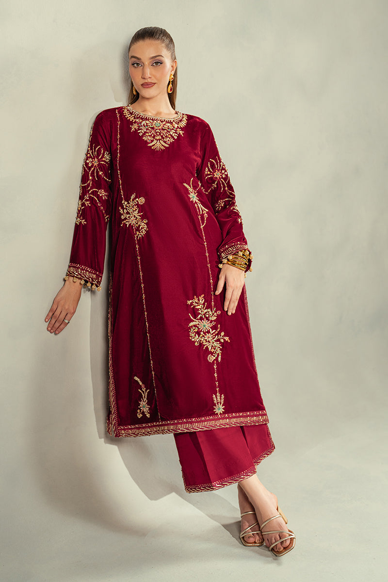 Pakistani Deep Red Embroidered Velvet Salwar Kameez (3-Piece) - Image 4
