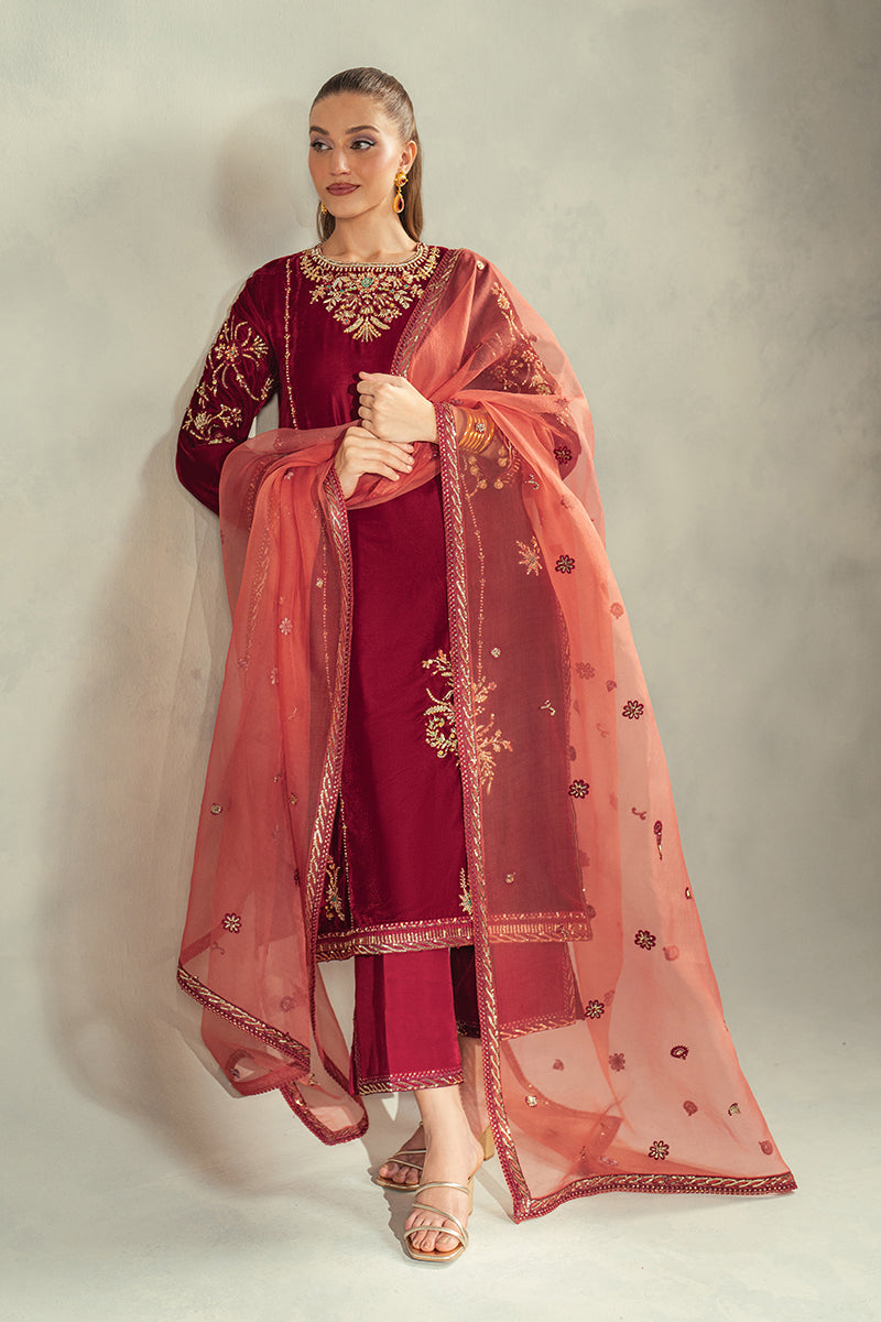 Pakistani Deep Red Embroidered Velvet Salwar Kameez (3-Piece) - Image 5