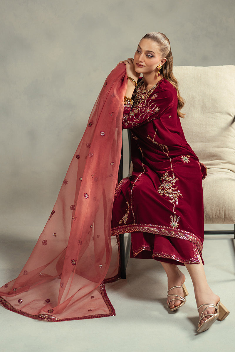 Pakistani Deep Red Embroidered Velvet Salwar Kameez (3-Piece) - Image 6
