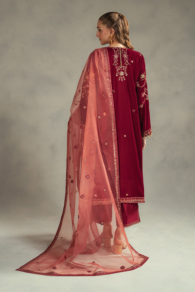 Pakistani Deep Red Embroidered Velvet Salwar Kameez (3-Piece) - Image 7