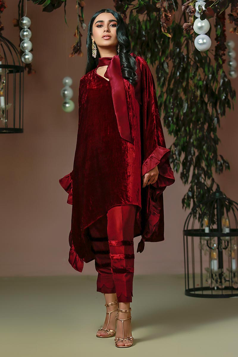 Deep Crimson Velvet Flutter Top with Raw Silk Pants (2-Piece) - Image 1