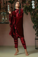 Deep Crimson Velvet Flutter Top with Raw Silk Pants (2-Piece) - Image 4