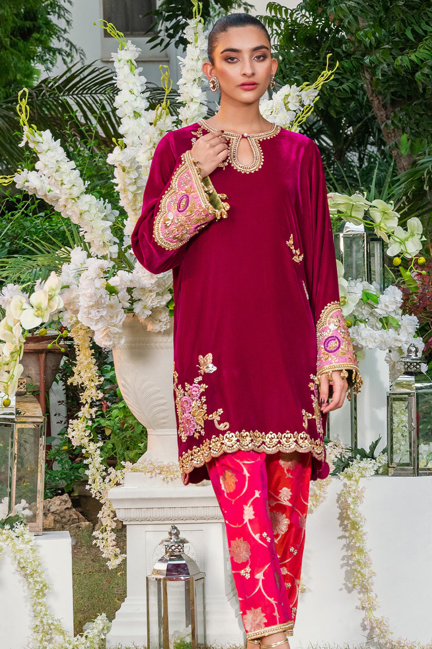 Pakistani Crimson Embroidered Velvet Kurta with Brocade Shalwar (2-Piece) - Image 1