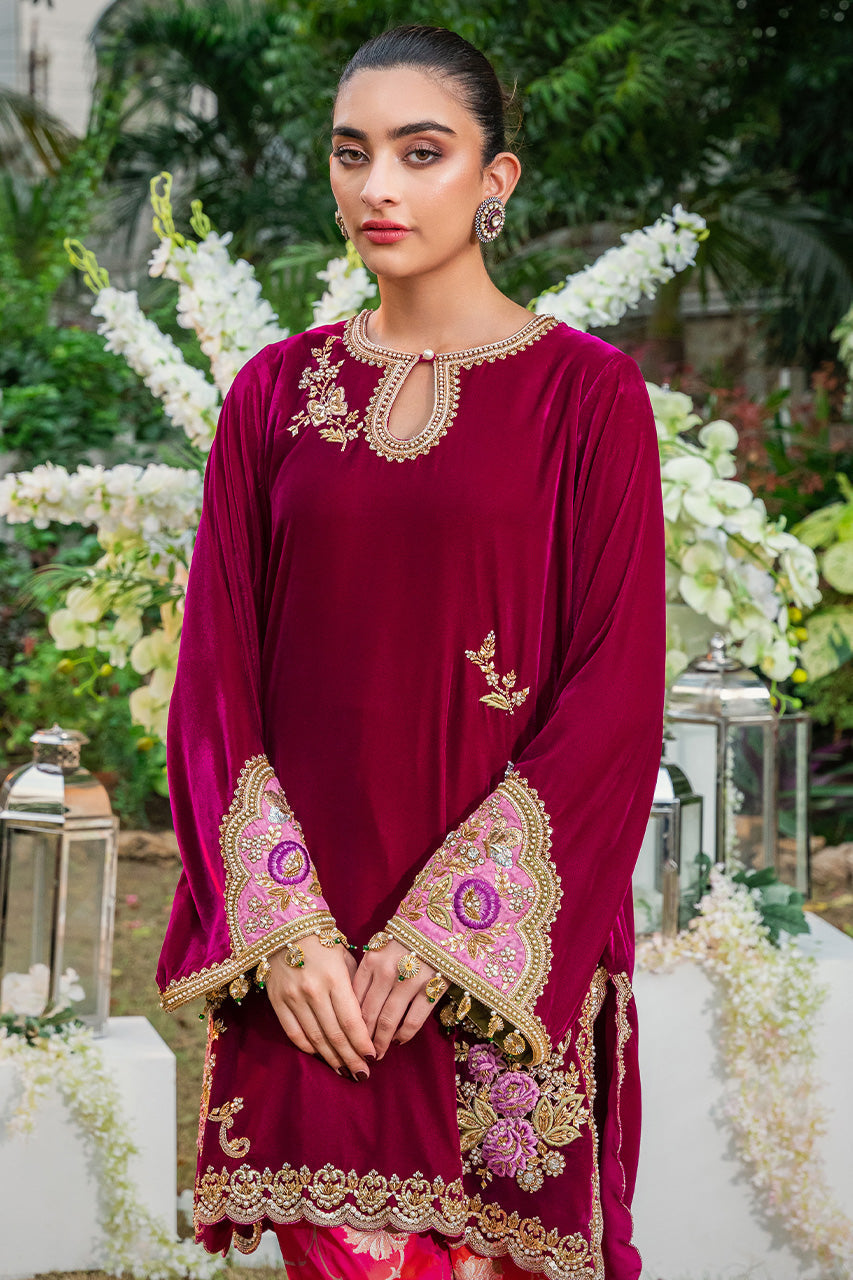 Pakistani Crimson Embroidered Velvet Kurta with Brocade Shalwar (2-Piece) - Image 4