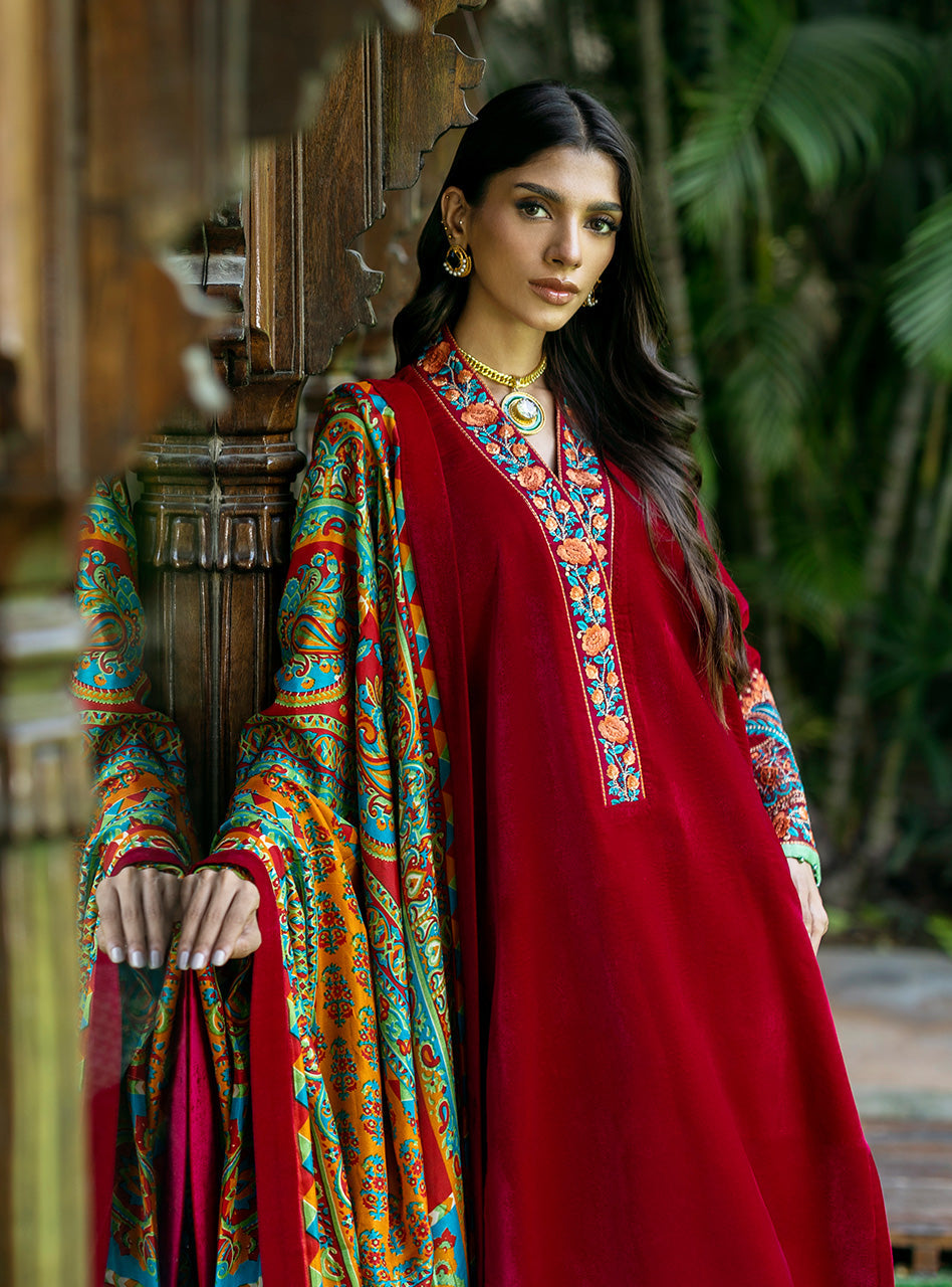 Pakistani Ruby Red Embroidered Velvet Salwar Kameez (3-Piece) - Image 4