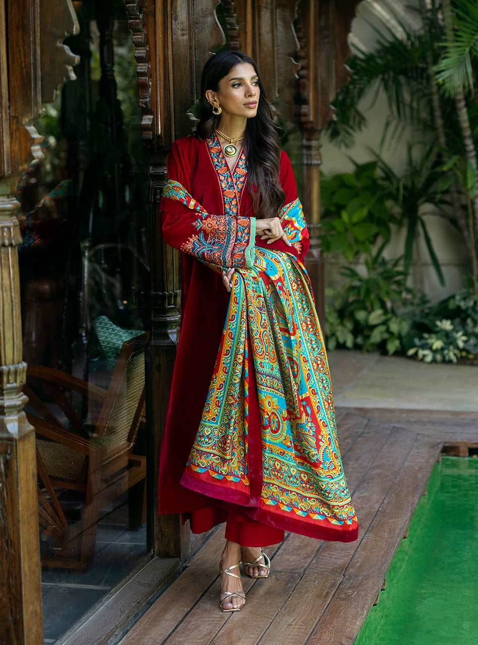 Pakistani Ruby Red Embroidered Velvet Salwar Kameez (3-Piece) - Image 5