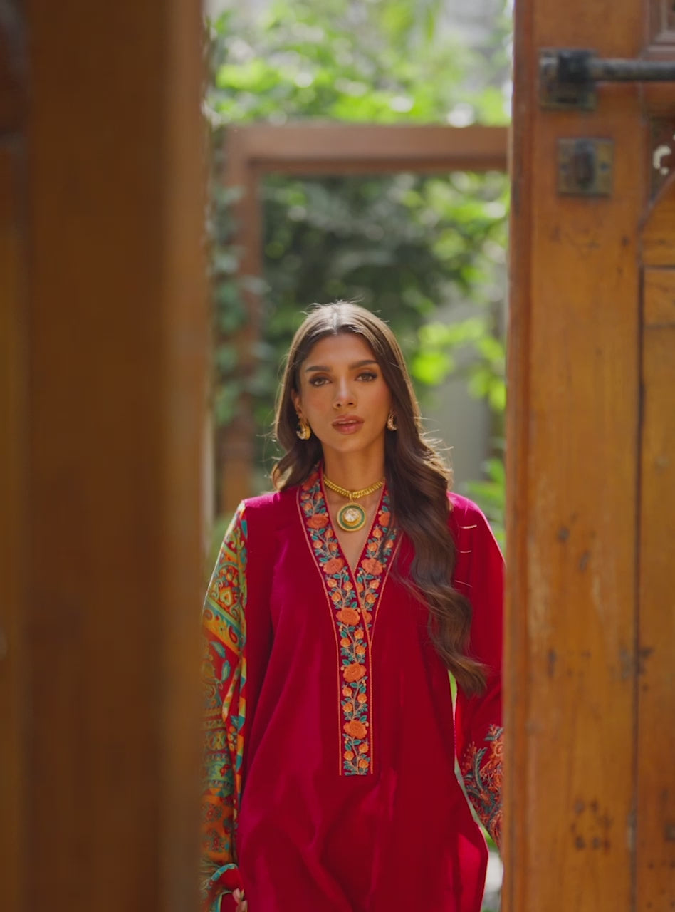 Pakistani Ruby Red Embroidered Velvet Salwar Kameez (3-Piece) - Image 7