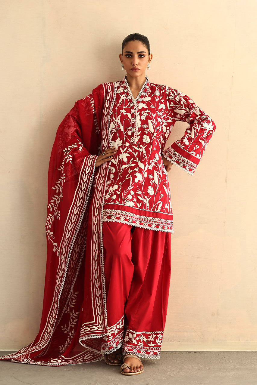 Red Screen Printed Soft Voile Cotton Salwar Kameez (3-Piece) - Image 1