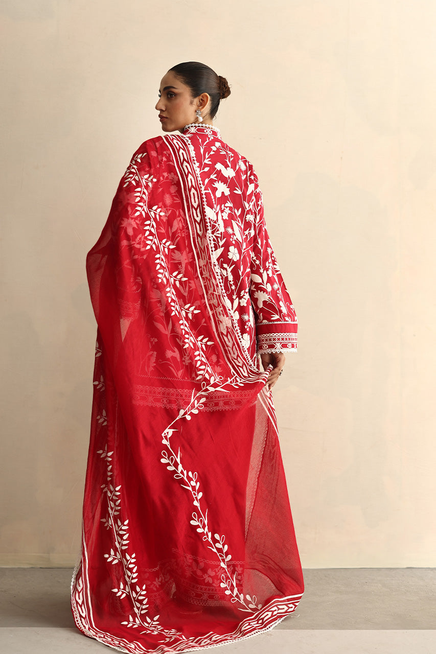 Red Screen Printed Soft Voile Cotton Salwar Kameez (3-Piece) - Image 2