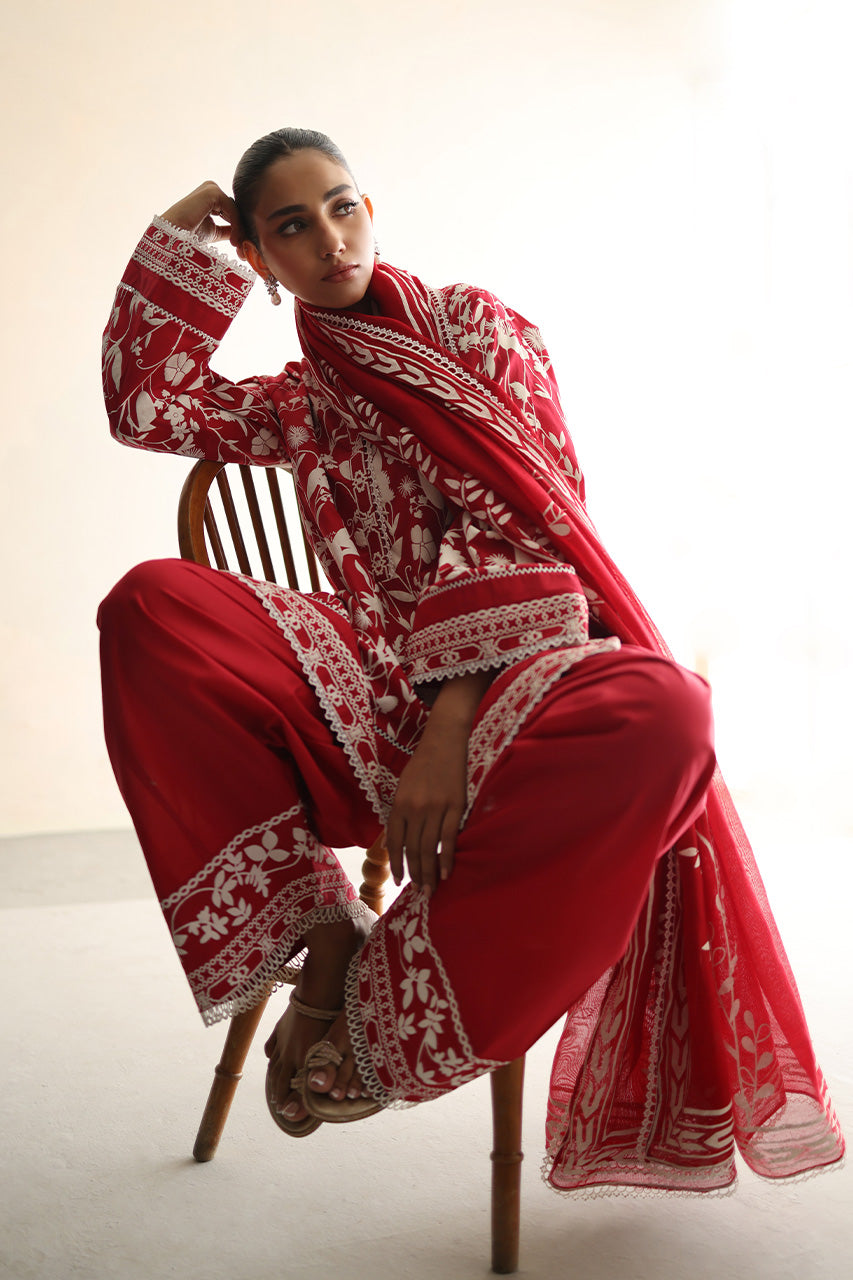 Red Screen Printed Soft Voile Cotton Salwar Kameez (3-Piece) - Image 3