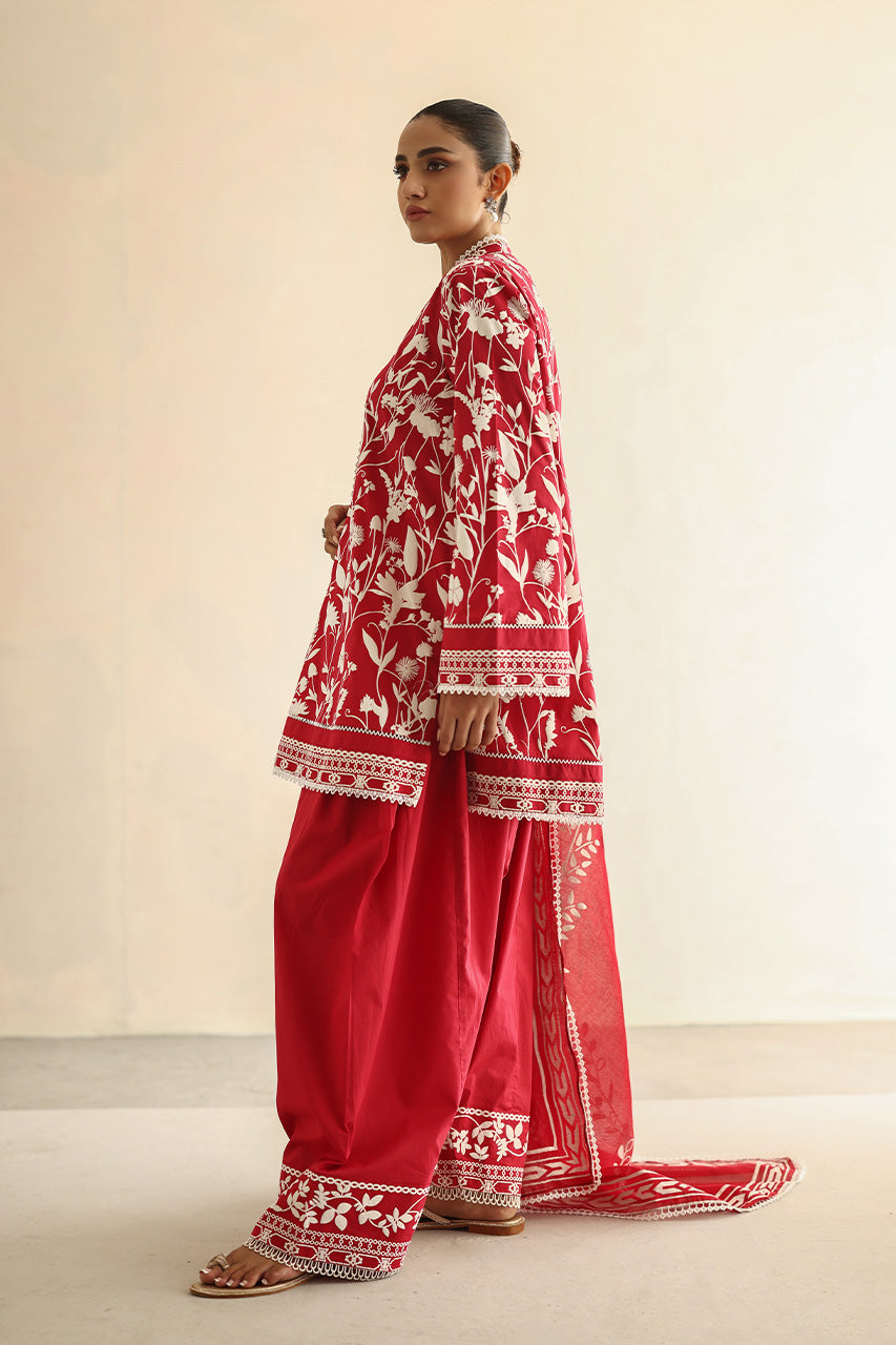 Red Screen Printed Soft Voile Cotton Salwar Kameez (3-Piece) - Image 4
