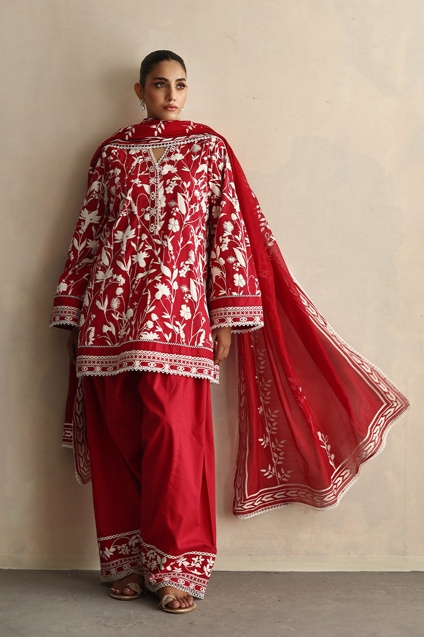 Red Screen Printed Soft Voile Cotton Salwar Kameez (3-Piece) - Image 6
