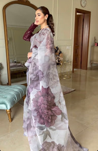 Pakistani Berry Red Grey Organza Saree with Resham Sequin Blouse (3-Piece) - Image 1