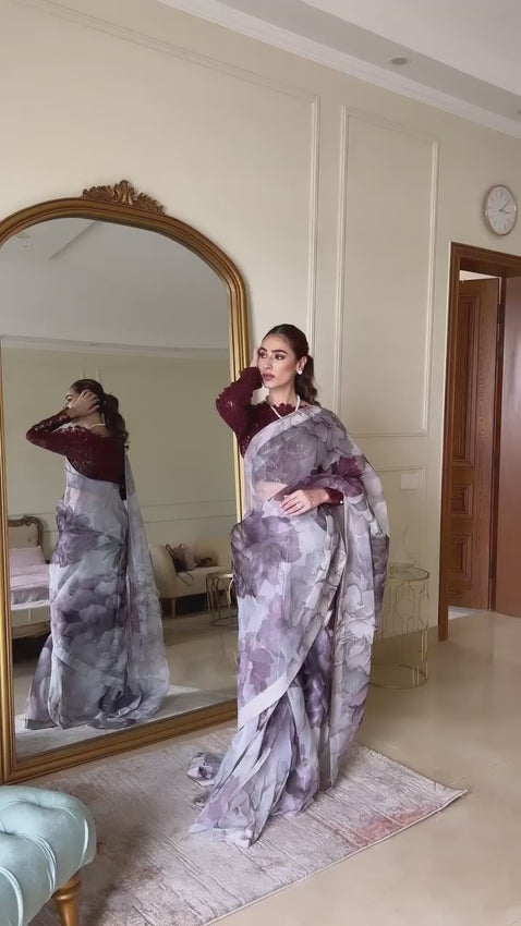 Pakistani Berry Red Grey Organza Saree with Resham Sequin Blouse (3-Piece) - Image 2