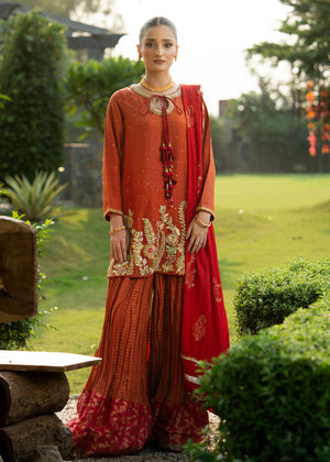 Indian Rust Embroidered Korean Silk Sharara Set (3-Piece) - Image 2