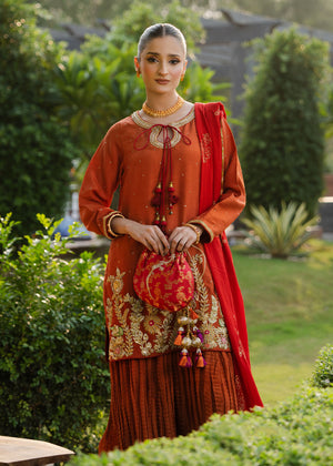 Indian Rust Embroidered Korean Silk Sharara Set (3-Piece) - Image 6