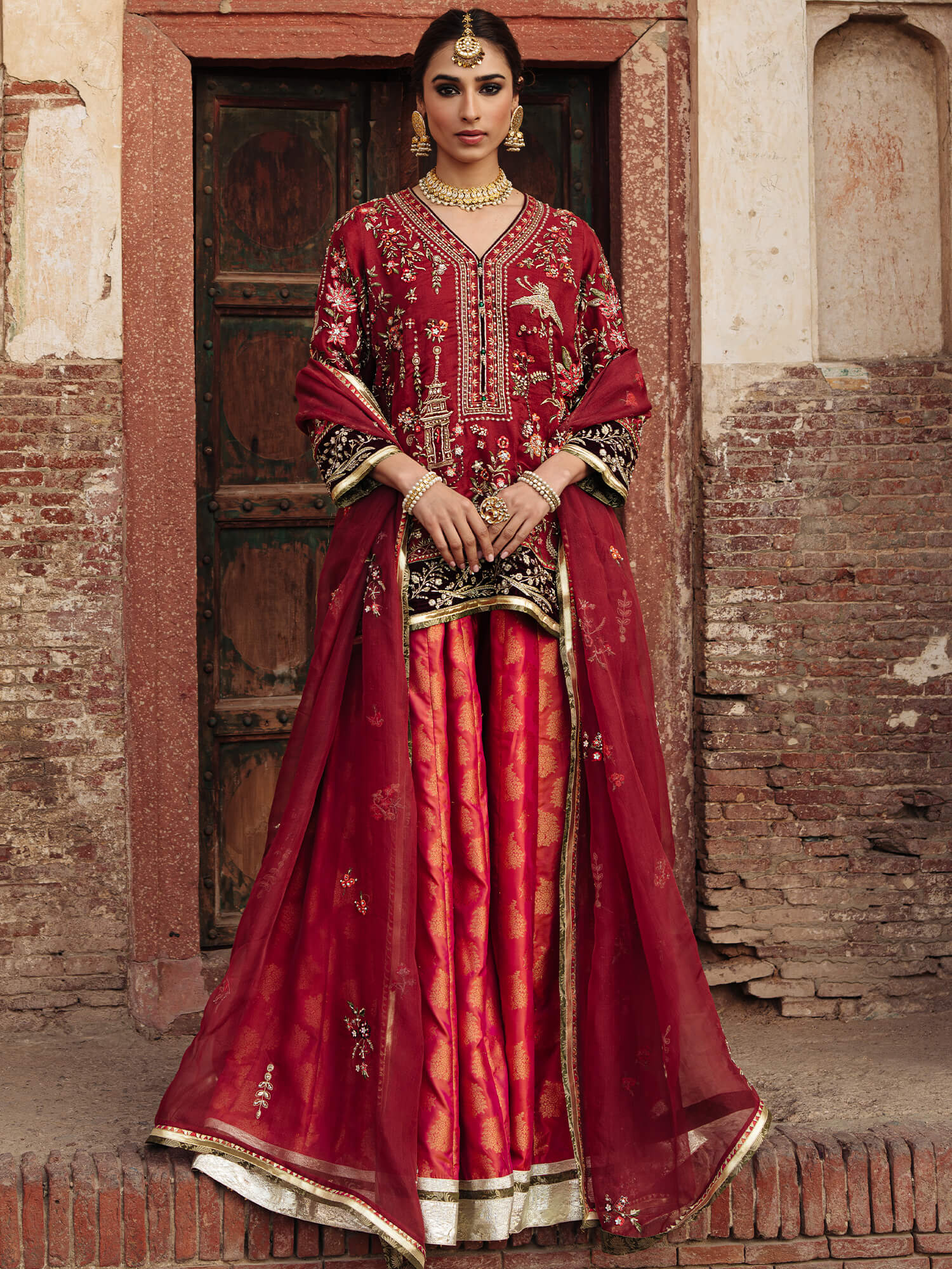 Pakistani Terracotta Red Zardozi Organza Kurta with Brocade Sharara (3-Piece) - Image 1