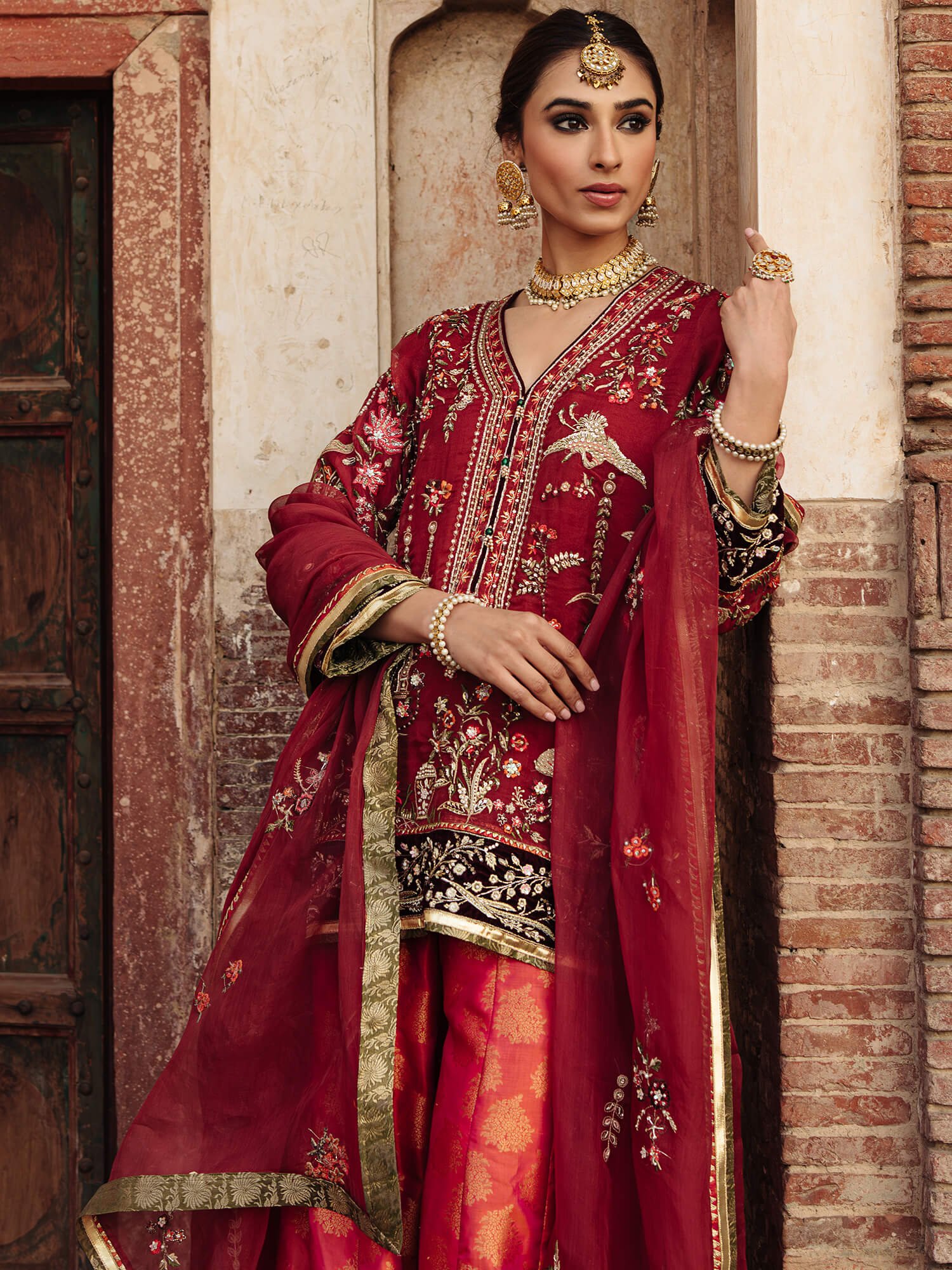 Pakistani Terracotta Red Zardozi Organza Kurta with Brocade Sharara (3-Piece) - Image 2