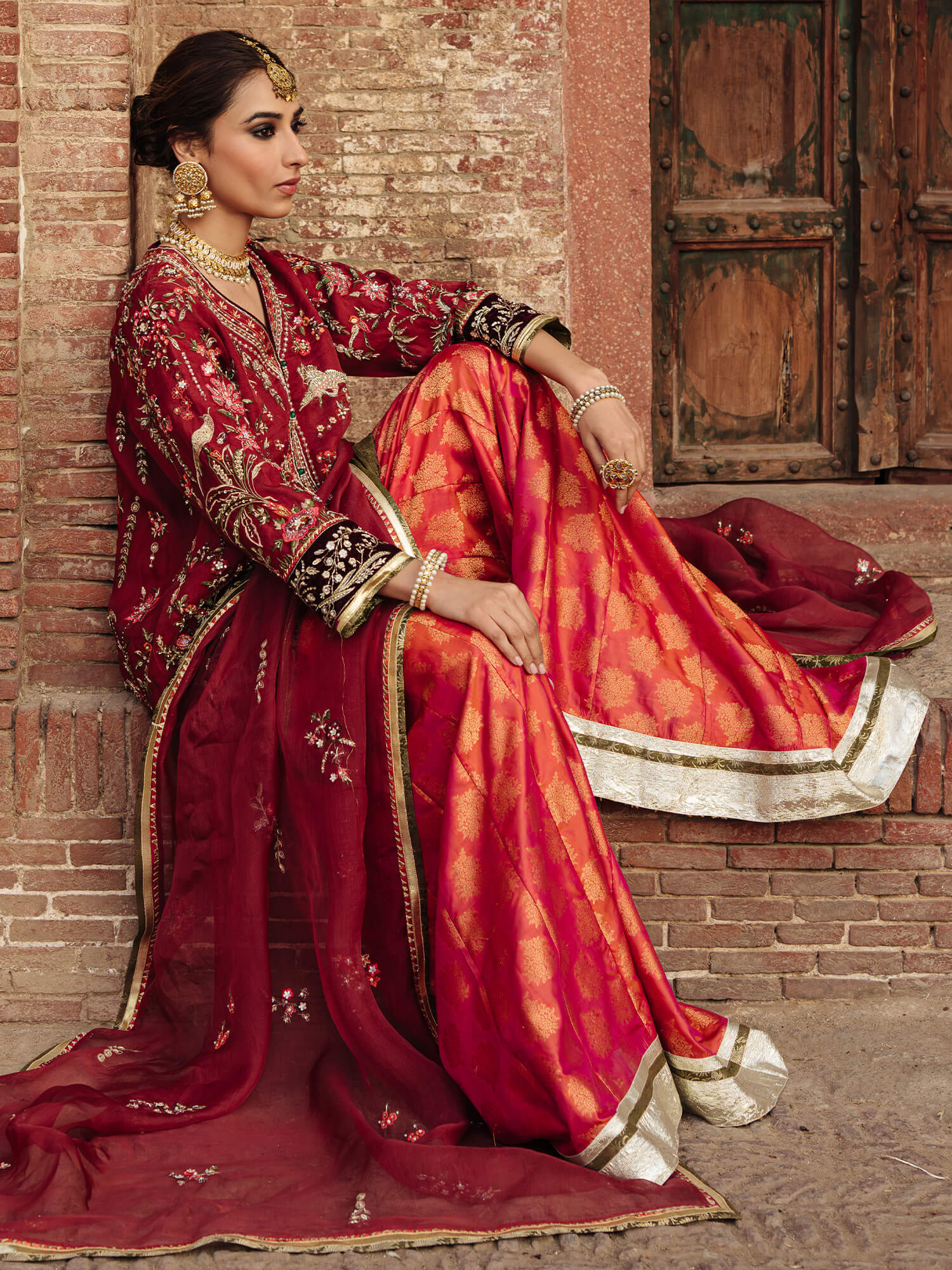Pakistani Terracotta Red Zardozi Organza Kurta with Brocade Sharara (3-Piece) - Image 3