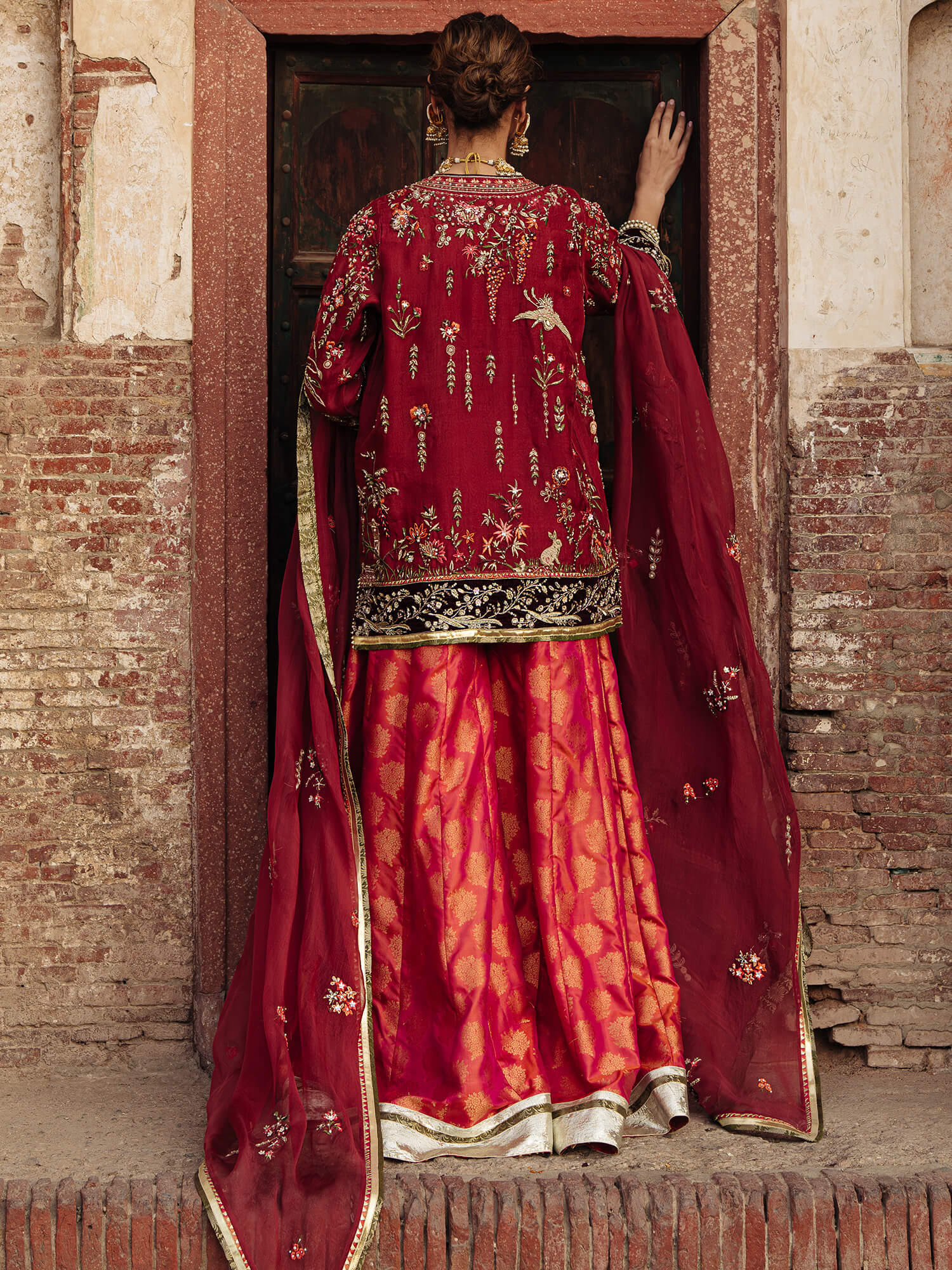 Pakistani Terracotta Red Zardozi Organza Kurta with Brocade Sharara (3-Piece) - Image 4