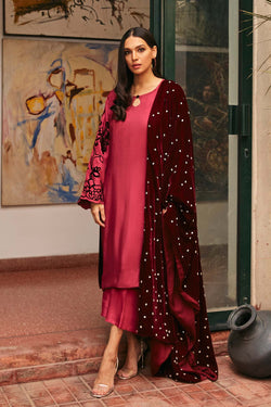 Pakistani Garnet Red Kundun Velvet Shawl (1-Pc) - Image 1