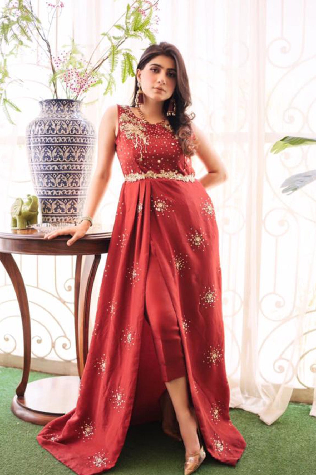 Pakistani Red Embroidered Raw Silk High-Low Shirt & Trousers (2-Piece) - Image 1