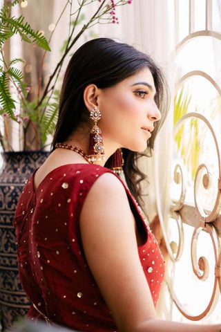 Pakistani Red Embroidered Raw Silk High-Low Shirt & Trousers (2-Piece) - Image 3