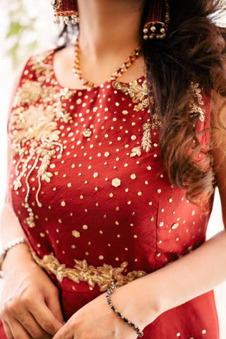 Pakistani Red Embroidered Raw Silk High-Low Shirt & Trousers (2-Piece) - Image 4