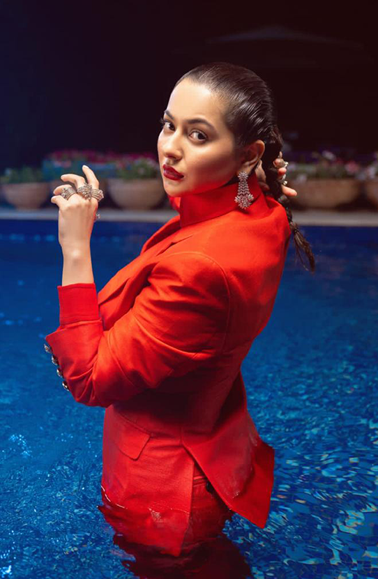 Pakistani Scarlet Red Silk & Chiffon Tailored Suit (2-Piece) - Image 1