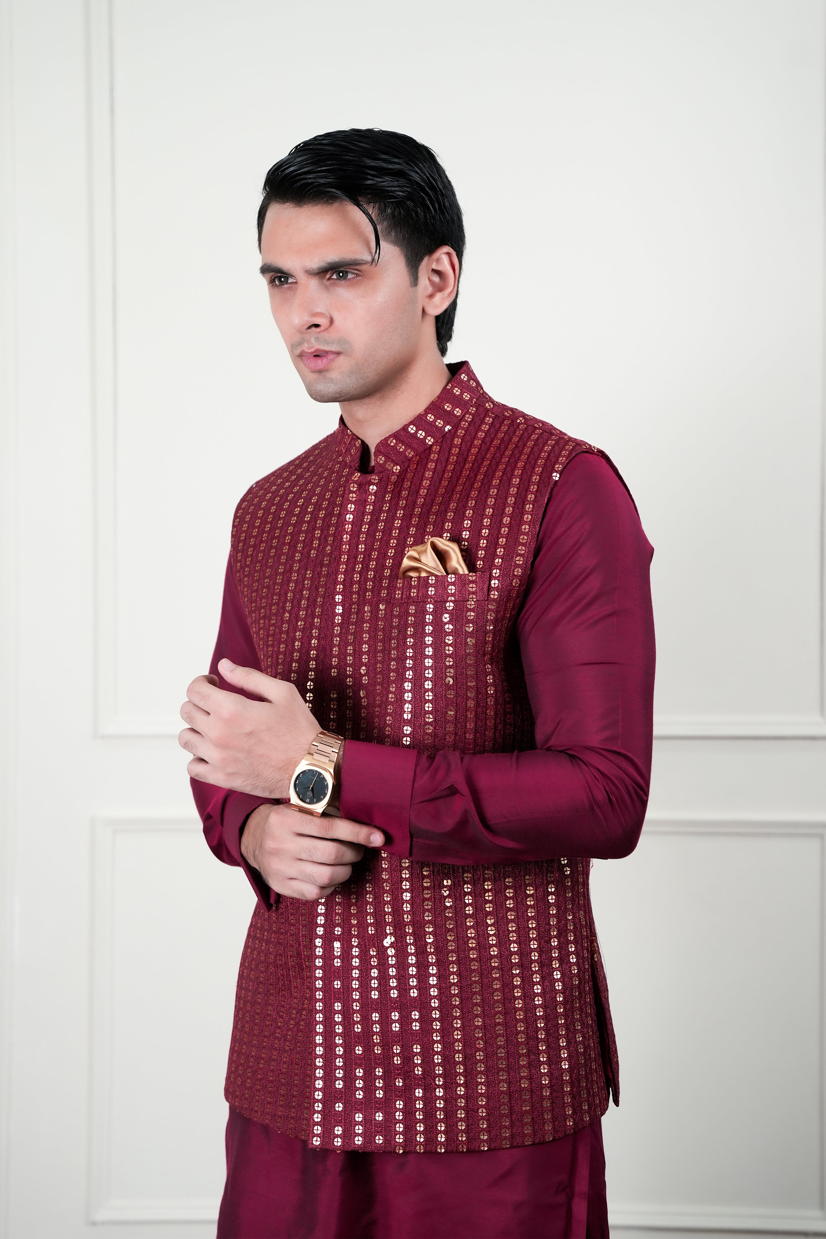 Red Golden Sequin Cotton Silk Waistcoat Kurta (3-Piece) - Image 3