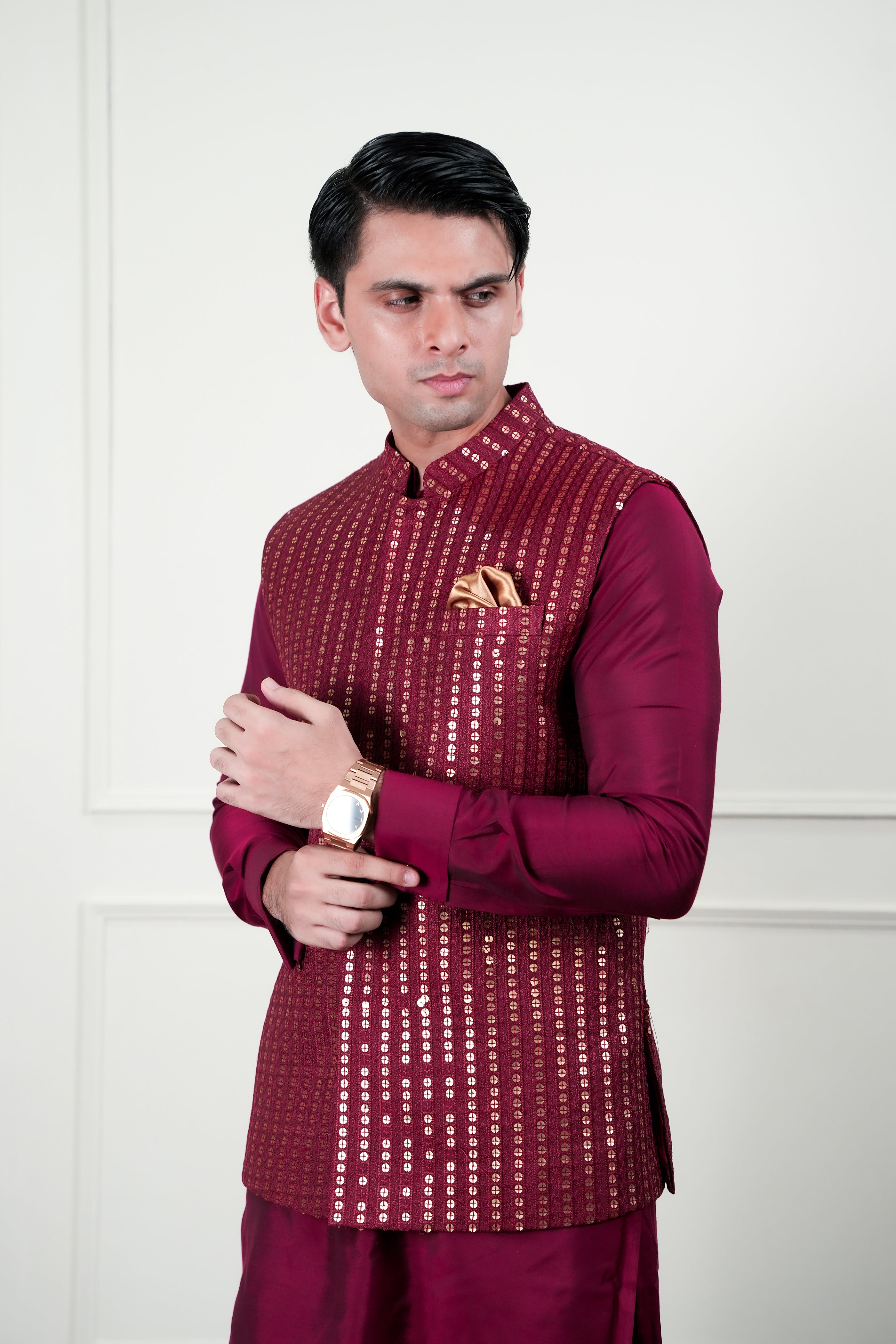 Red Golden Sequin Cotton Silk Waistcoat Kurta (3-Piece) - Image 4