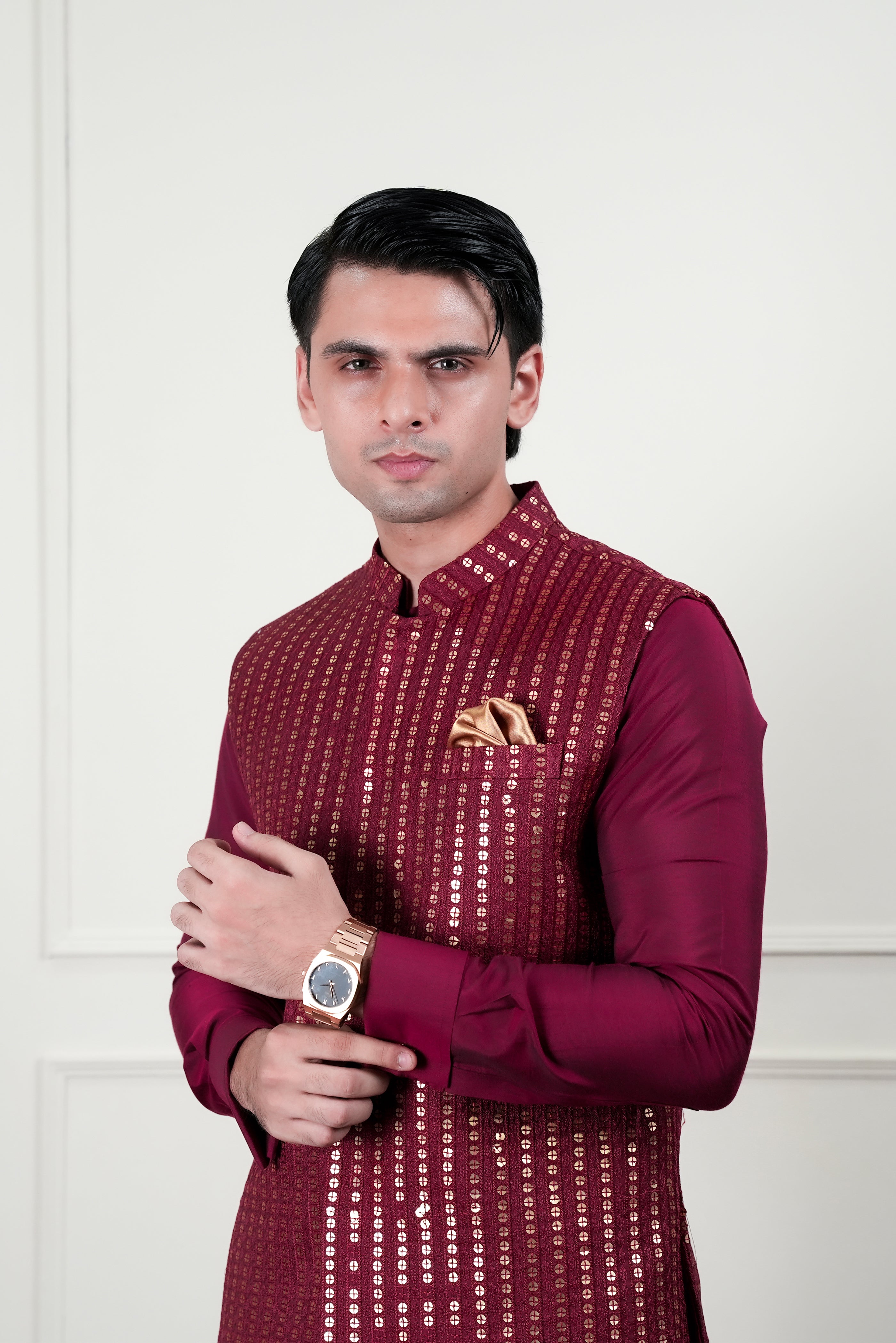 Red Golden Sequin Cotton Silk Waistcoat Kurta (3-Piece) - Image 5