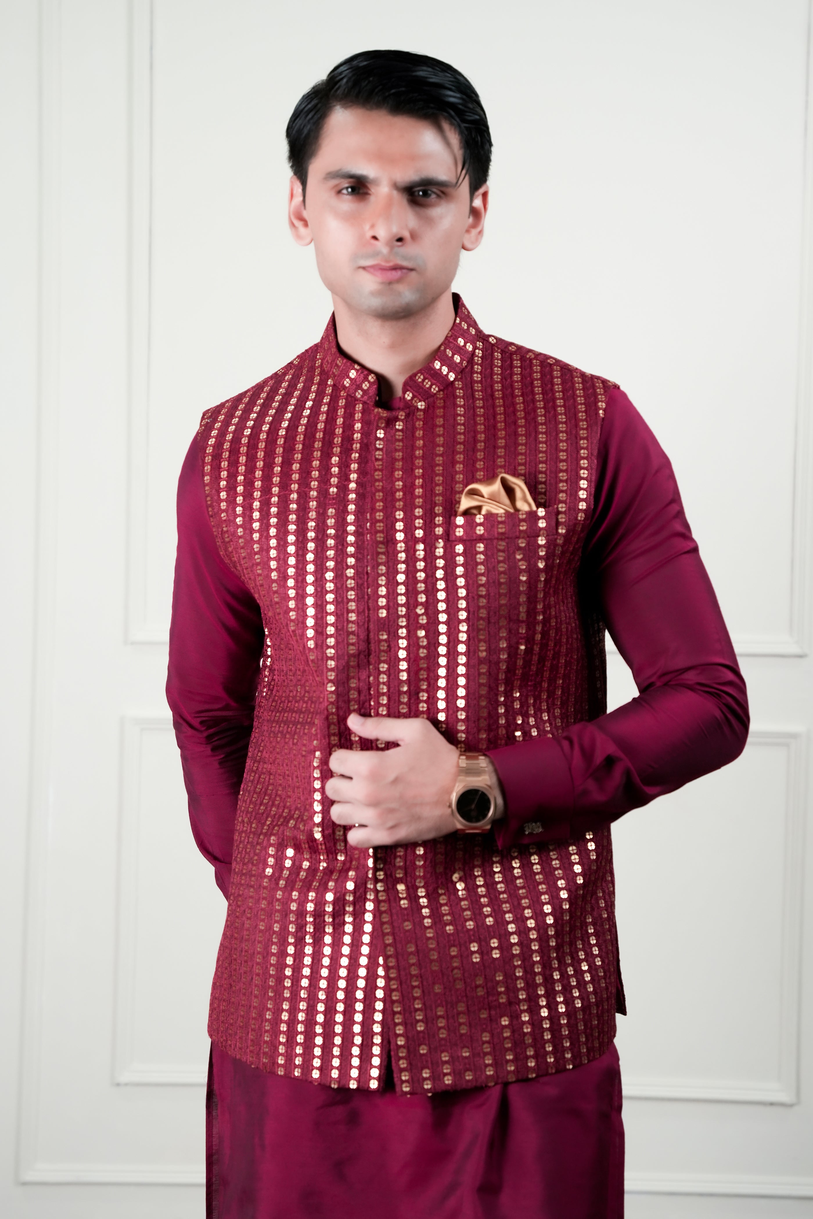 Red Golden Sequin Cotton Silk Waistcoat Kurta (3-Piece) - Image 6